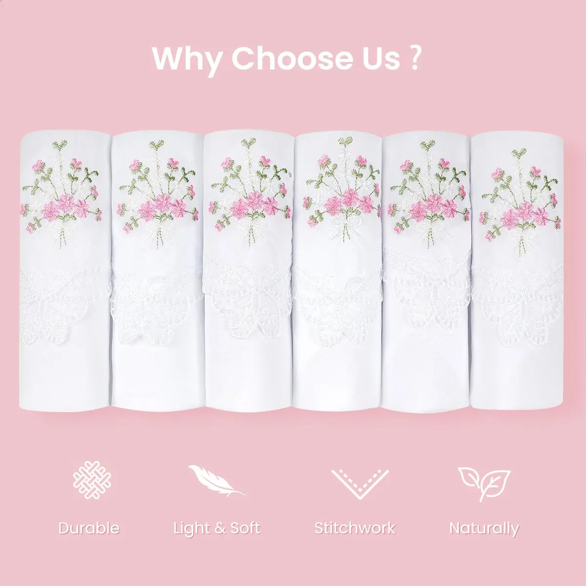 Selected Hanky Women's Cotton Handkerchiefs, Ladies Hankies, Pink Floral | Soft, Floral Embroidered, 6-Pack - view 6