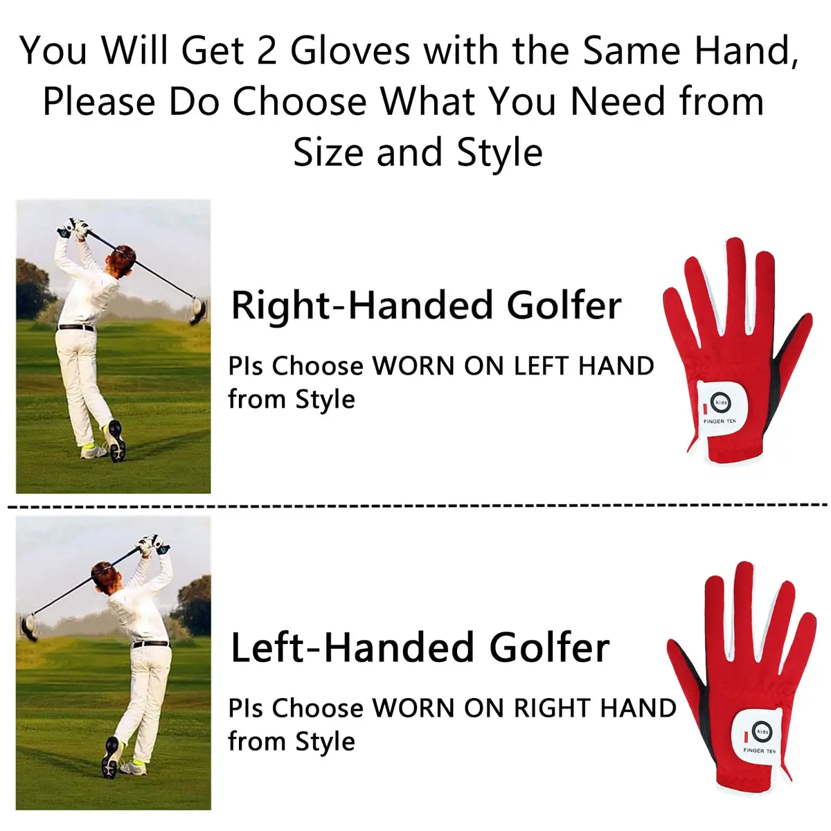FINGER TEN Junior Kids Dura Feel Golf Gloves Large Red | Extra Grip & Breathability - view 6