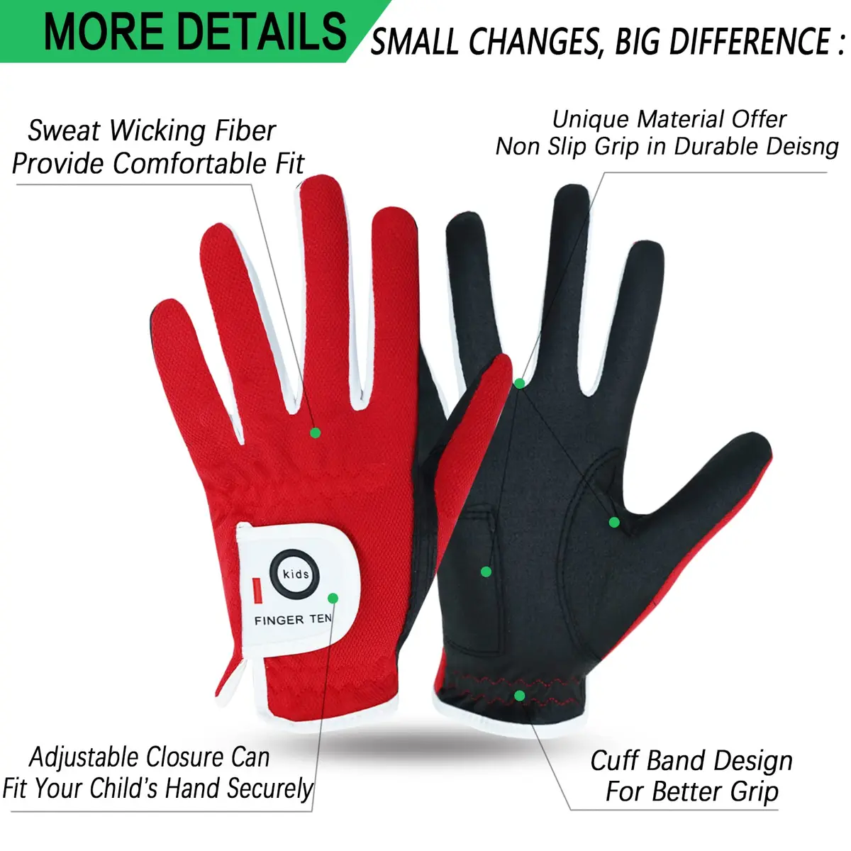 FINGER TEN Junior Kids Dura Feel Golf Gloves Large Red | Extra Grip & Breathability - view 2