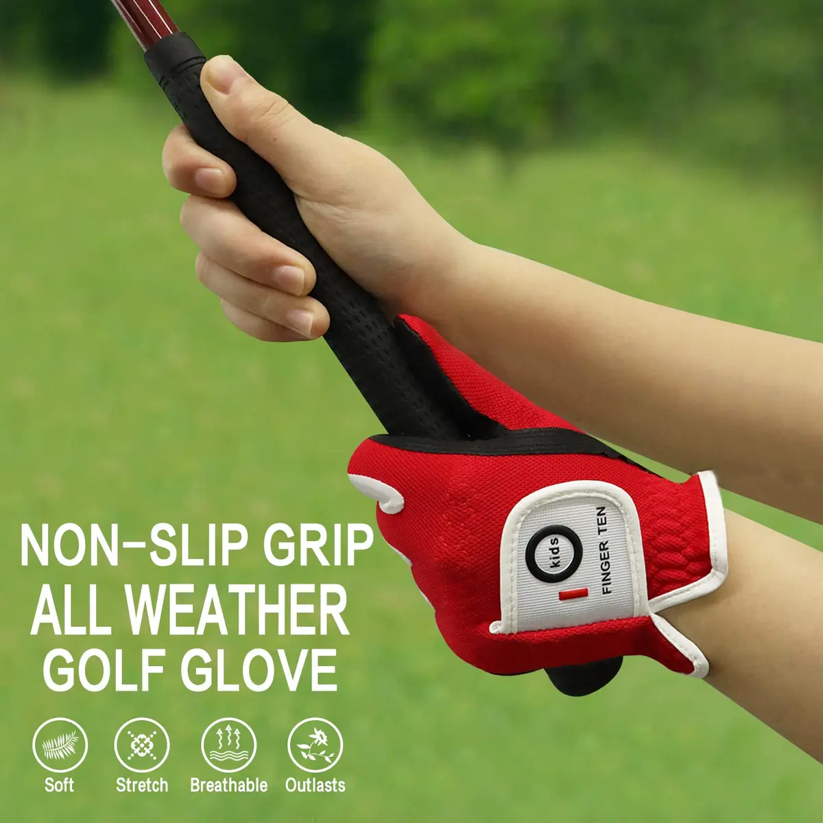 FINGER TEN Junior Kids Dura Feel Golf Gloves Large Red | Extra Grip & Breathability - view 4