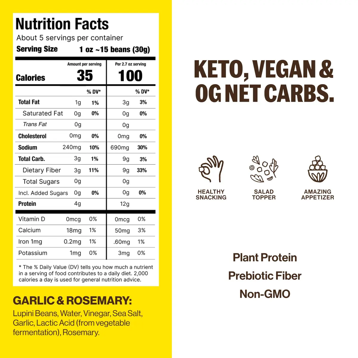 BRAMI Lupini Beans Snacks, Garlic & Rosemary | 7g Plant Protein, 0g Net Carbs, Vegan, Mediterranean Diet - view 4