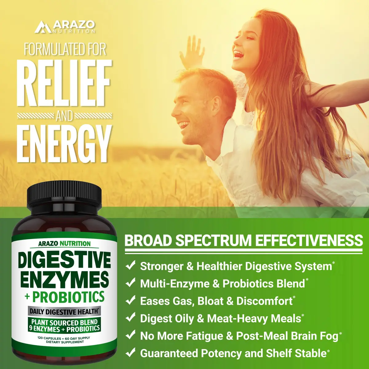 Arazo Nutrition Digestive Enzymes with Probiotics 120 Capsules | Fast-Acting, Acidophilus & Bromelain for Better Digestion - view 4