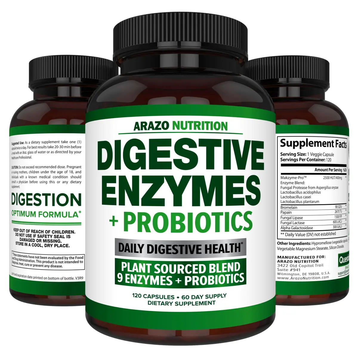 Arazo Nutrition Digestive Enzymes with Probiotics 120 Capsules | Fast-Acting, Acidophilus & Bromelain for Better Digestion - view 7
