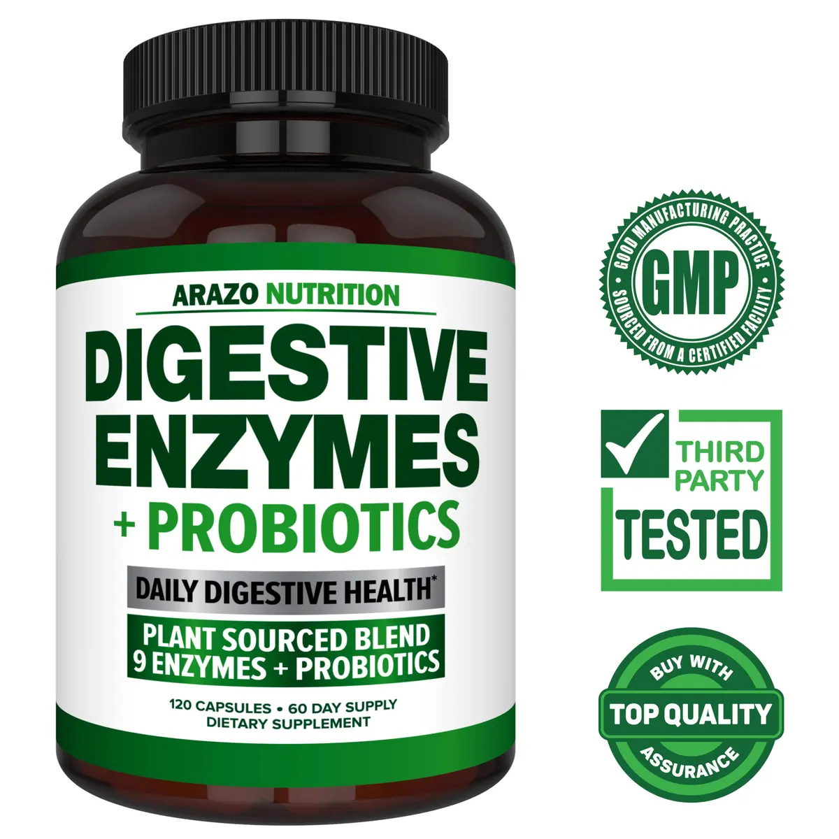 Arazo Nutrition Digestive Enzymes with Probiotics 120 Capsules | Fast-Acting, Acidophilus & Bromelain for Better Digestion - view 2