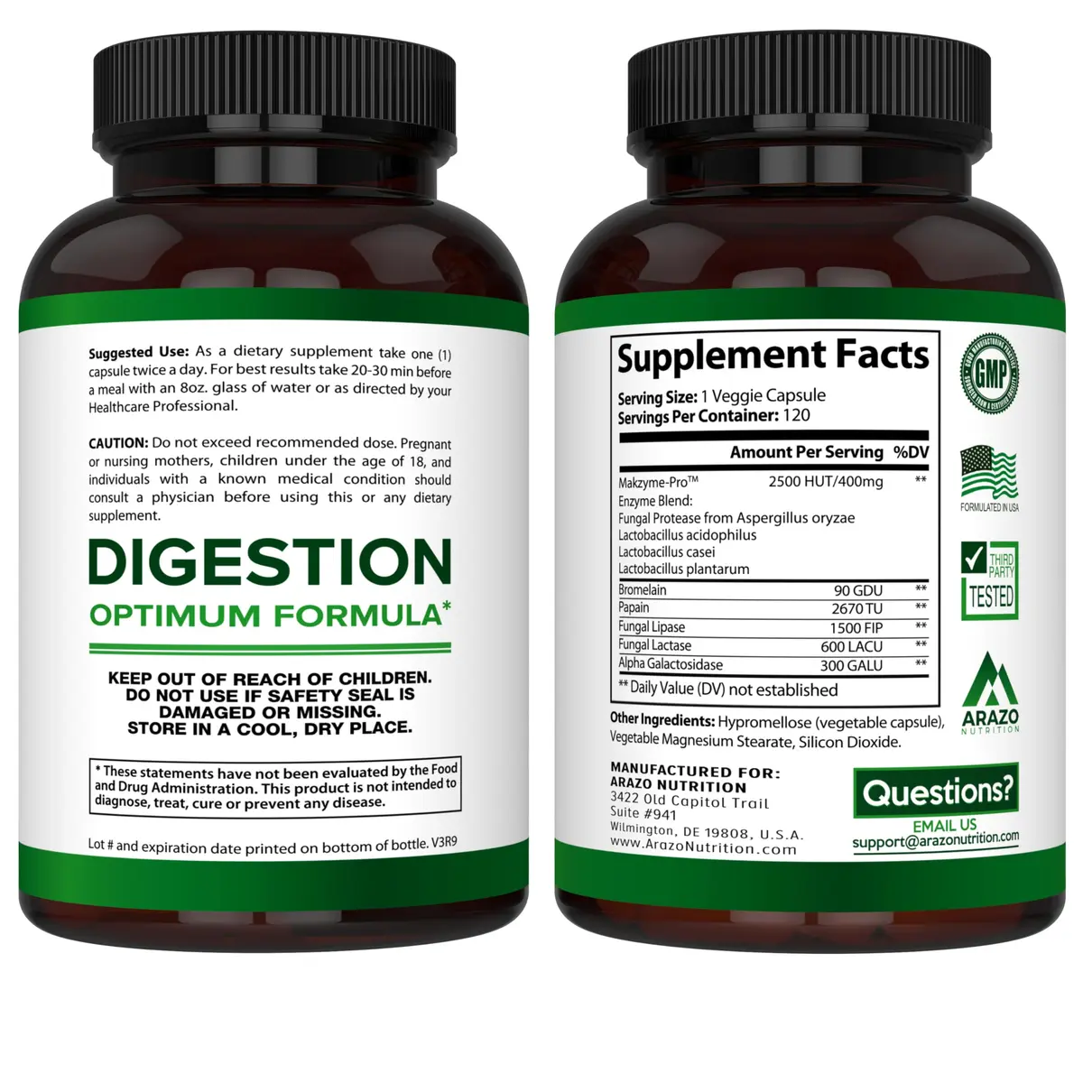 Arazo Nutrition Digestive Enzymes with Probiotics 120 Capsules | Fast-Acting, Acidophilus & Bromelain for Better Digestion - view 3