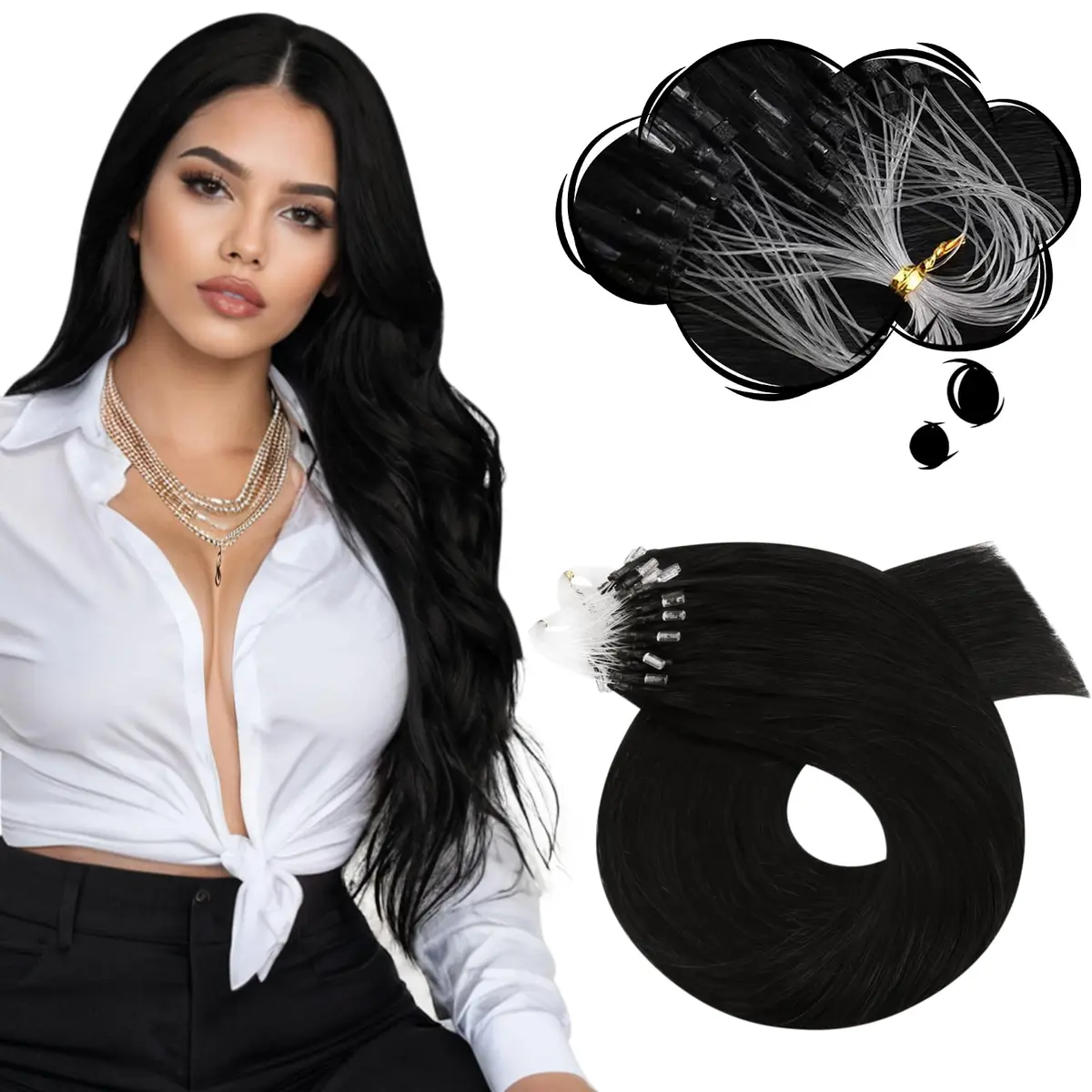 Moresoo Micro Bead Hair Extensions Real Human Hair, Off Black, 20 Inch (50g / 1.76 oz) | Blend Seamlessly for Volume & Length - main product image
