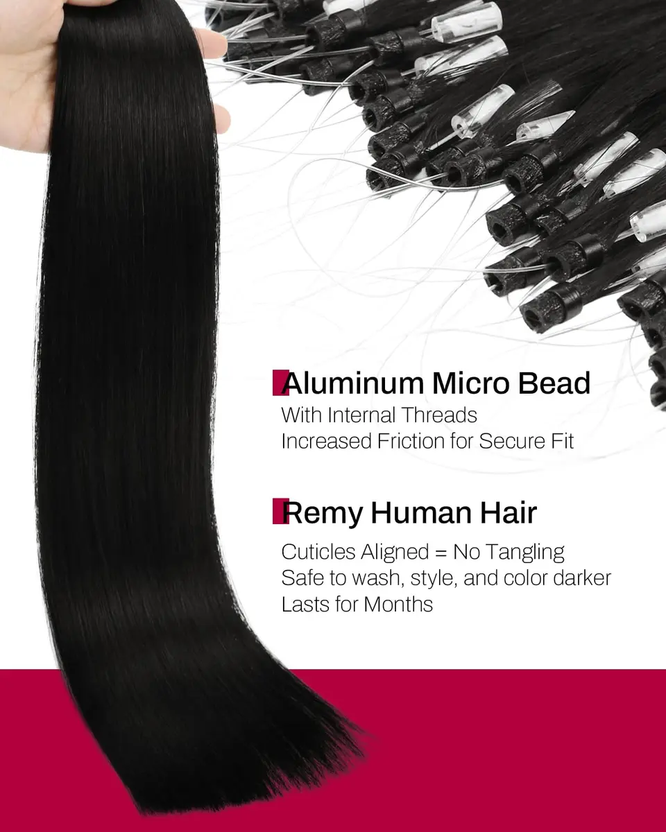 Moresoo Micro Bead Hair Extensions Real Human Hair, Off Black, 20 Inch (50g / 1.76 oz) | Blend Seamlessly for Volume & Length - view 3