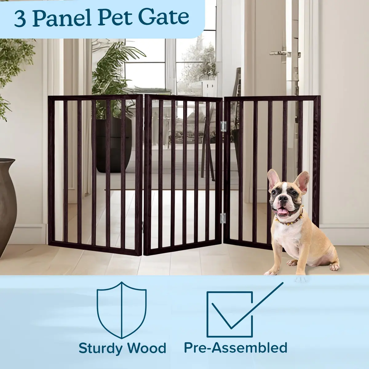 PETMAKER 3-Panel Indoor Foldable Dog Fence 54x24-Inch Brown | Freestanding Pet Gate for Stairs & Doorways - view 3