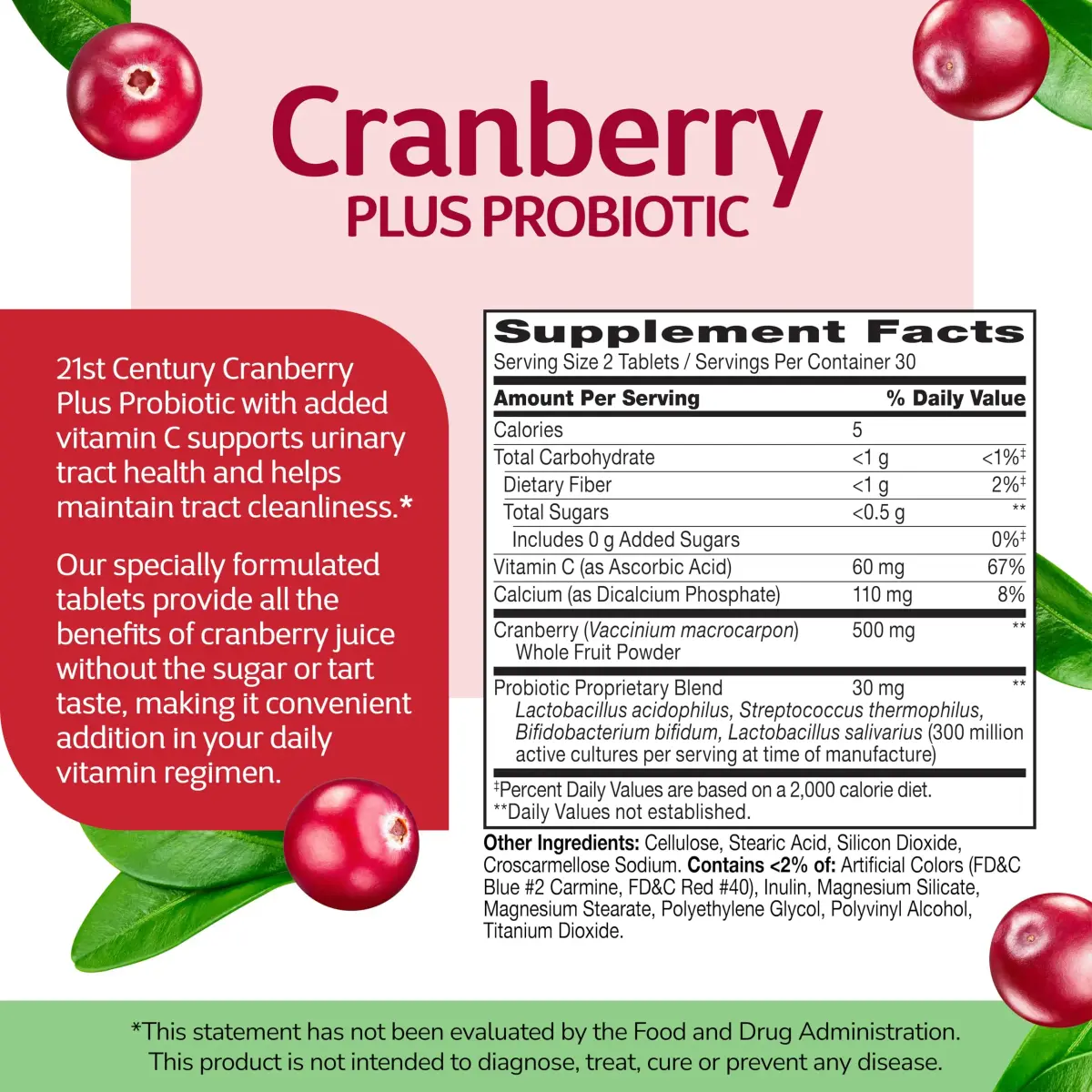 21st Century Cranberry Plus Probiotic Tablets - 60 Count, Pack of 12 | Urinary & Digestive Support - view 2