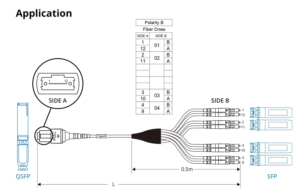10Gtek Fiber Optic Cable Patch Cord MPO to 8xLC Fanout 1m | OM3 MMF 8-core Application for QSFP+ Transceivers - view 7