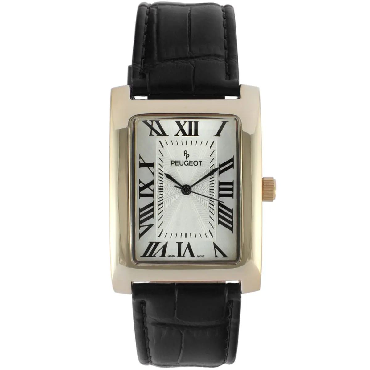 Peugeot Vintage Tank Shape 14K Gold Plated Watch with Roman Numeral Dial for Men | 30mm Case, Black Leather Strap - main product image