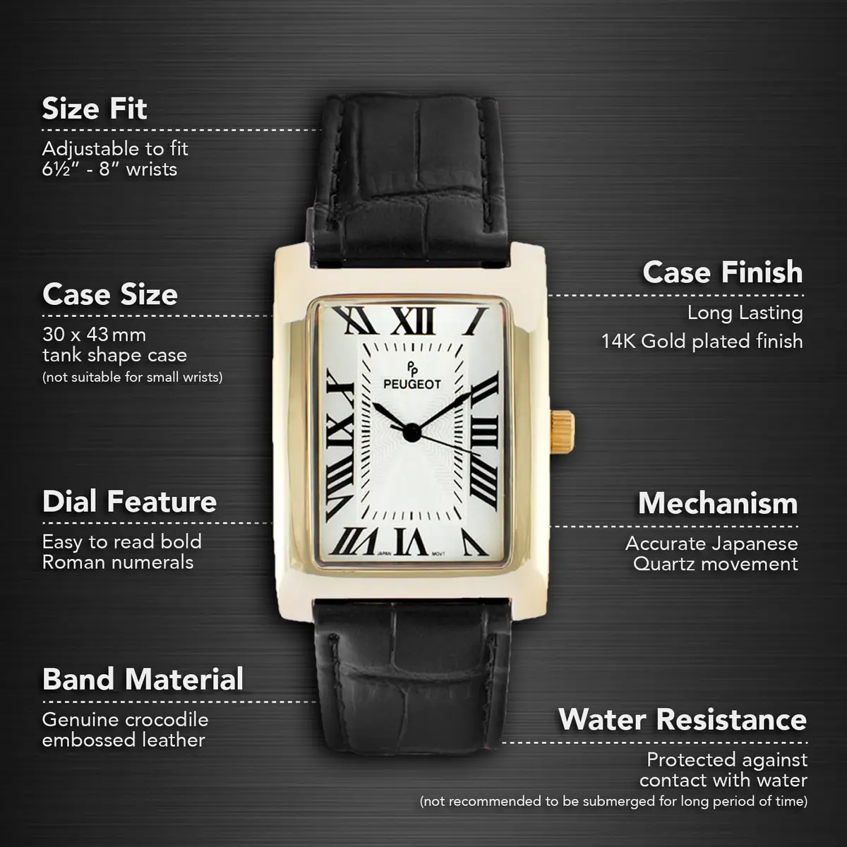 Peugeot Vintage Tank Shape 14K Gold Plated Watch with Roman Numeral Dial for Men | 30mm Case, Black Leather Strap - view 2