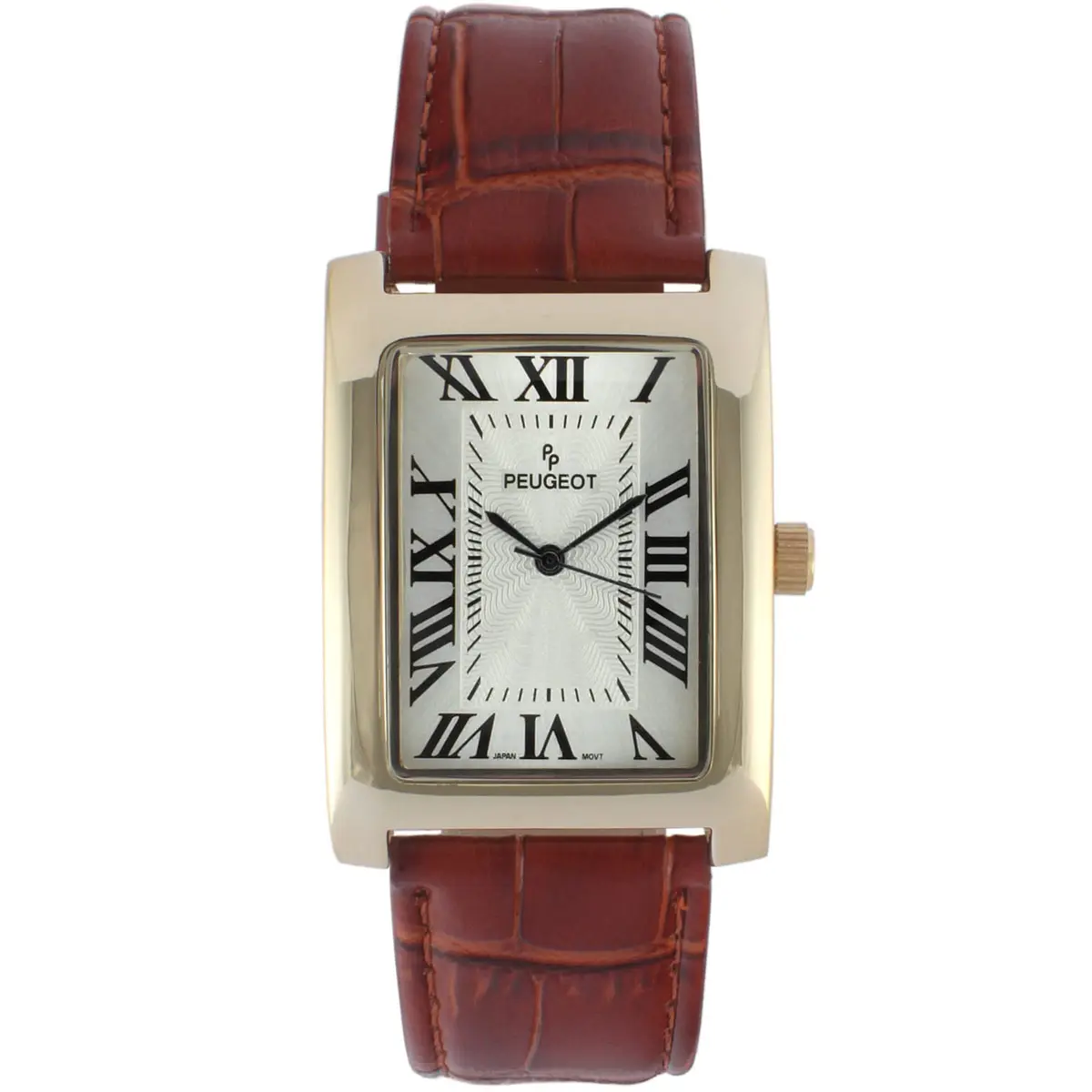 Peugeot Vintage Tank 14K Gold Plated Roman Numeral Leather Watch 30mm (1.18in) | Japanese Quartz Movement - main product image