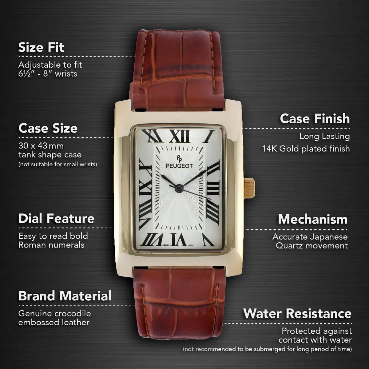 Peugeot Vintage Tank 14K Gold Plated Roman Numeral Leather Watch 30mm (1.18in) | Japanese Quartz Movement - view 2