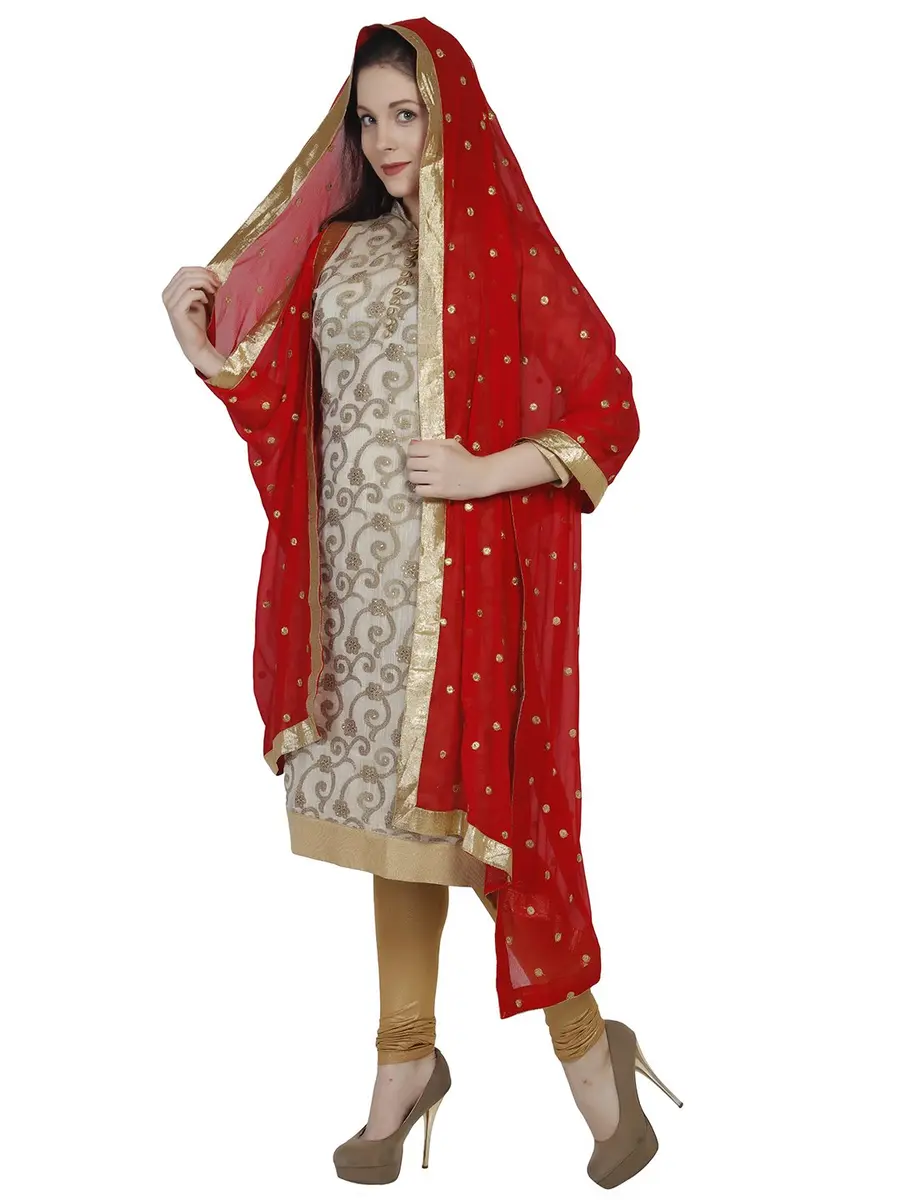 DUPATTA BAZAAR Women's Red Chiffon Dupatta with Gold Border 235cm (92") | Traditional Indian Ethnic Wear - view 3