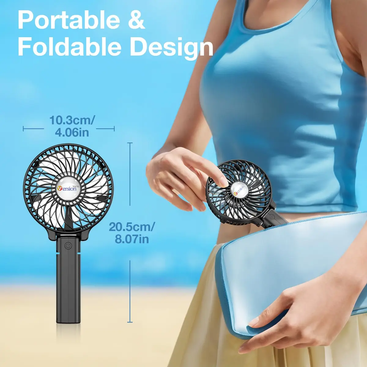VersionTECH. Portable Handheld Fan with USB Rechargeable Battery, 3-Speed Foldable Mini Fan, Black | 10cm (3.94 inch) Fan Diameter - view 6