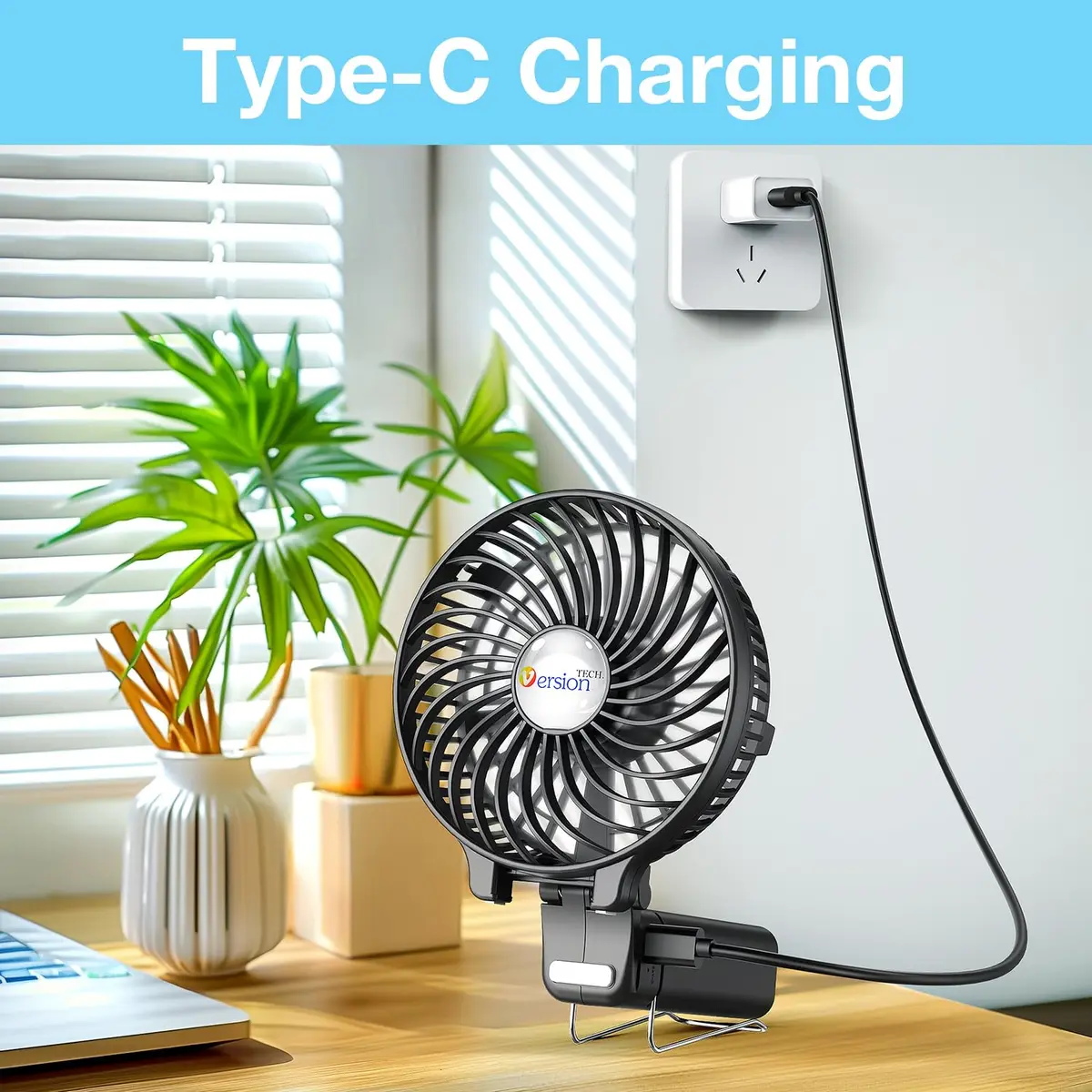 VersionTECH. Portable Handheld Fan with USB Rechargeable Battery, 3-Speed Foldable Mini Fan, Black | 10cm (3.94 inch) Fan Diameter - view 8