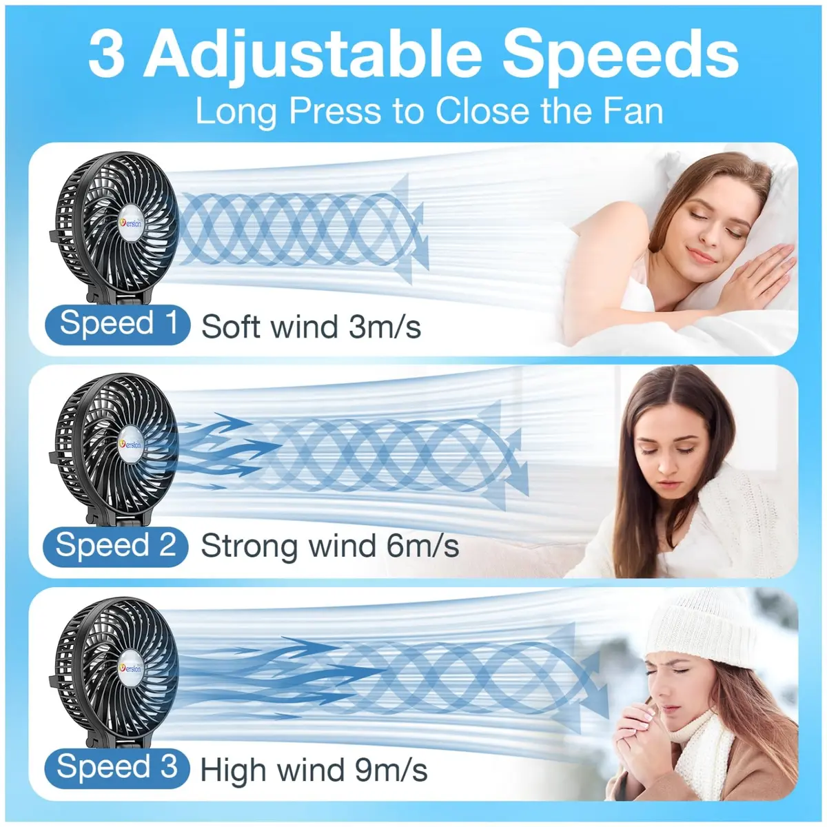 VersionTECH. Portable Handheld Fan with USB Rechargeable Battery, 3-Speed Foldable Mini Fan, Black | 10cm (3.94 inch) Fan Diameter - view 3