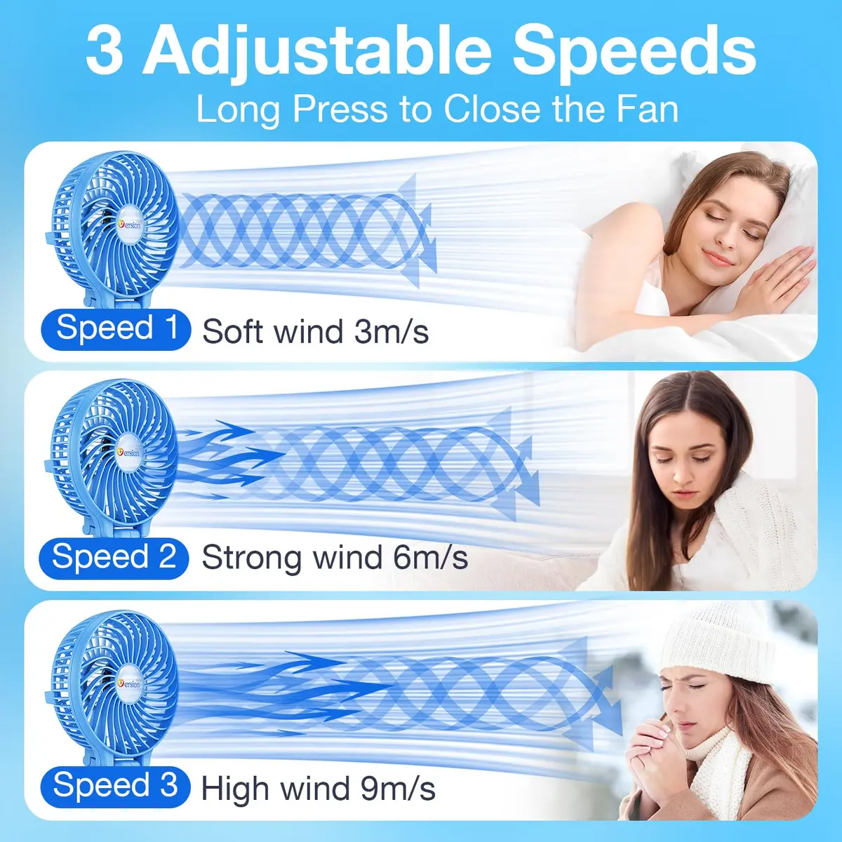 VersionTECH. Portable Handheld Fan with Replaceable Battery | 10cm Fan Diameter (3.94 Inch), 20cm Height (7.87 Inch) | USB Rechargeable - view 3