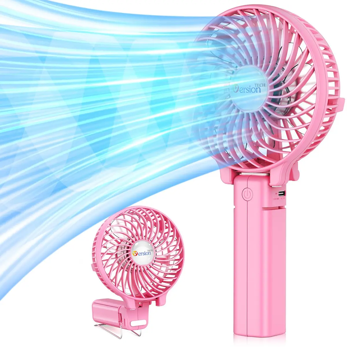 VersionTECH. Portable Handheld Fan with 4000mAh Battery & 180° Foldable Design | 3-Speed Mini USB Fan for Personal Use, Travel, Office (Pink) - main product image