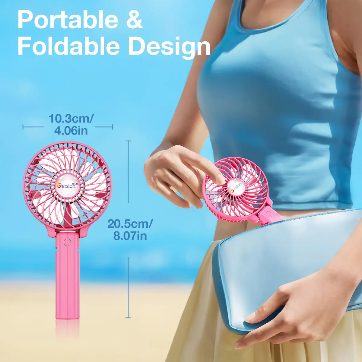 VersionTECH. Portable Handheld Fan with 4000mAh Battery & 180° Foldable Design | 3-Speed Mini USB Fan for Personal Use, Travel, Office (Pink) - view 7