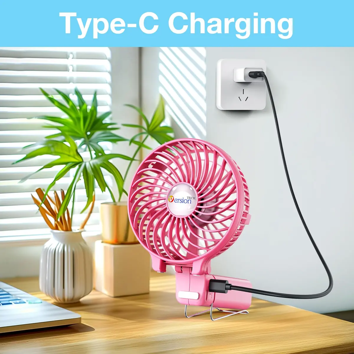 VersionTECH. Portable Handheld Fan with 4000mAh Battery & 180° Foldable Design | 3-Speed Mini USB Fan for Personal Use, Travel, Office (Pink) - view 9