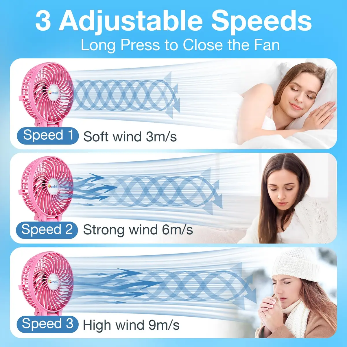 VersionTECH. Portable Handheld Fan with 4000mAh Battery & 180° Foldable Design | 3-Speed Mini USB Fan for Personal Use, Travel, Office (Pink) - view 3