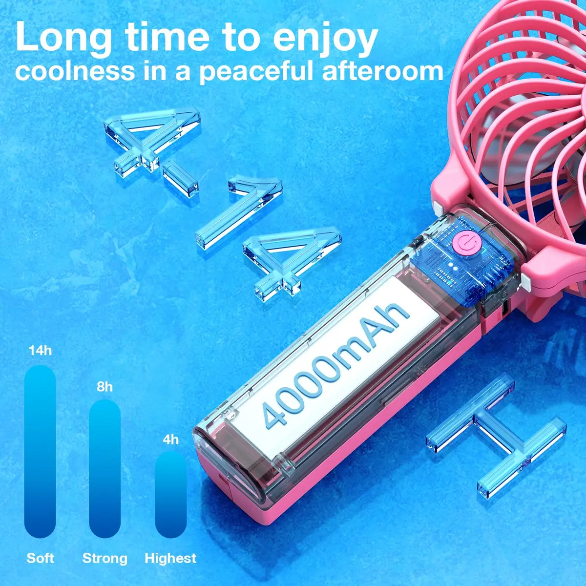 VersionTECH. Portable Handheld Fan with 4000mAh Battery & 180° Foldable Design | 3-Speed Mini USB Fan for Personal Use, Travel, Office (Pink) - view 4