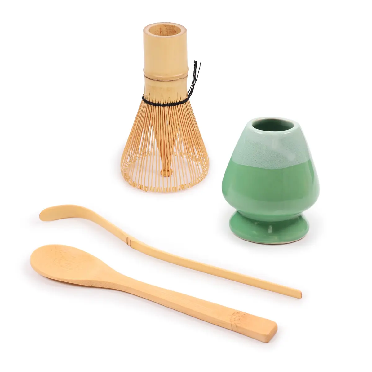 BambooMN Matcha Green Tea Whisk And Scoop 4 Piece Set - Mint Green Holder - 1 Set | Traditional Japanese Tea Utensils - main product image
