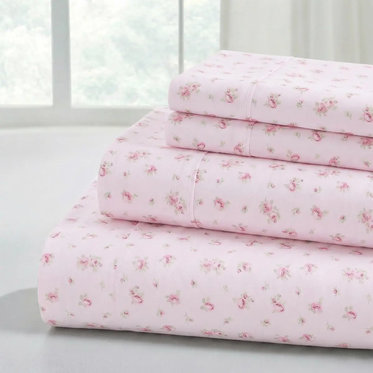 Modern Threads California King Bed Sheets Set | Ultra Soft Microfiber, Wrinkle-Free, Deep Pockets, Roses on Blush - main product image