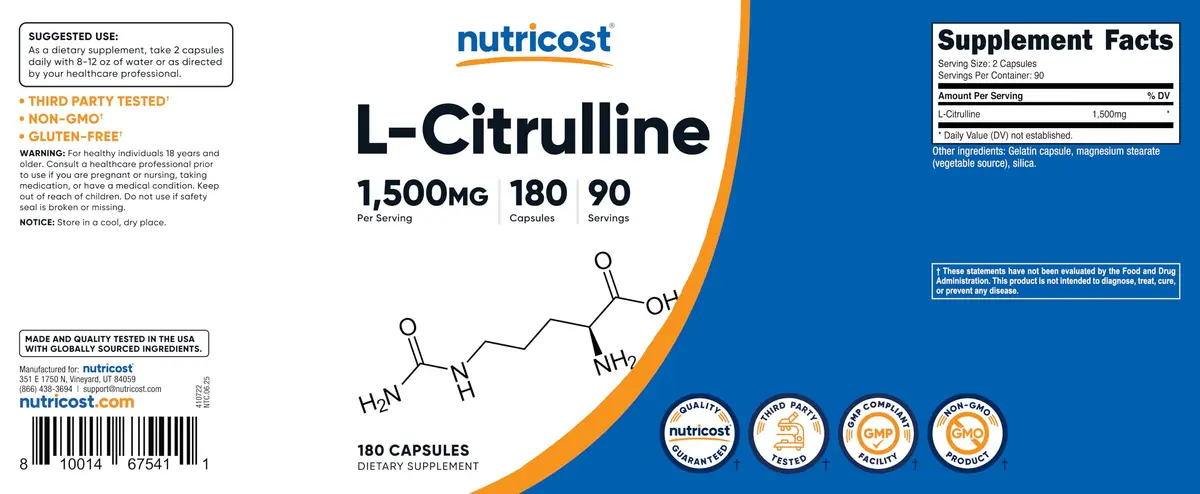 Nutricost L-Citrulline 1500mg | Gluten Free, GMO-Free Capsules for Athletes & Gym-Goers - view 6