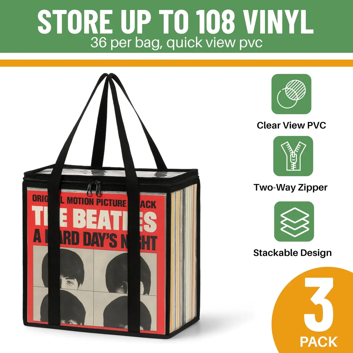 Evelots Vinyl Record Storage Bags 3-Pack (Holds 108 LP Albums) | Clear PVC & Polyester Canvas - view 2