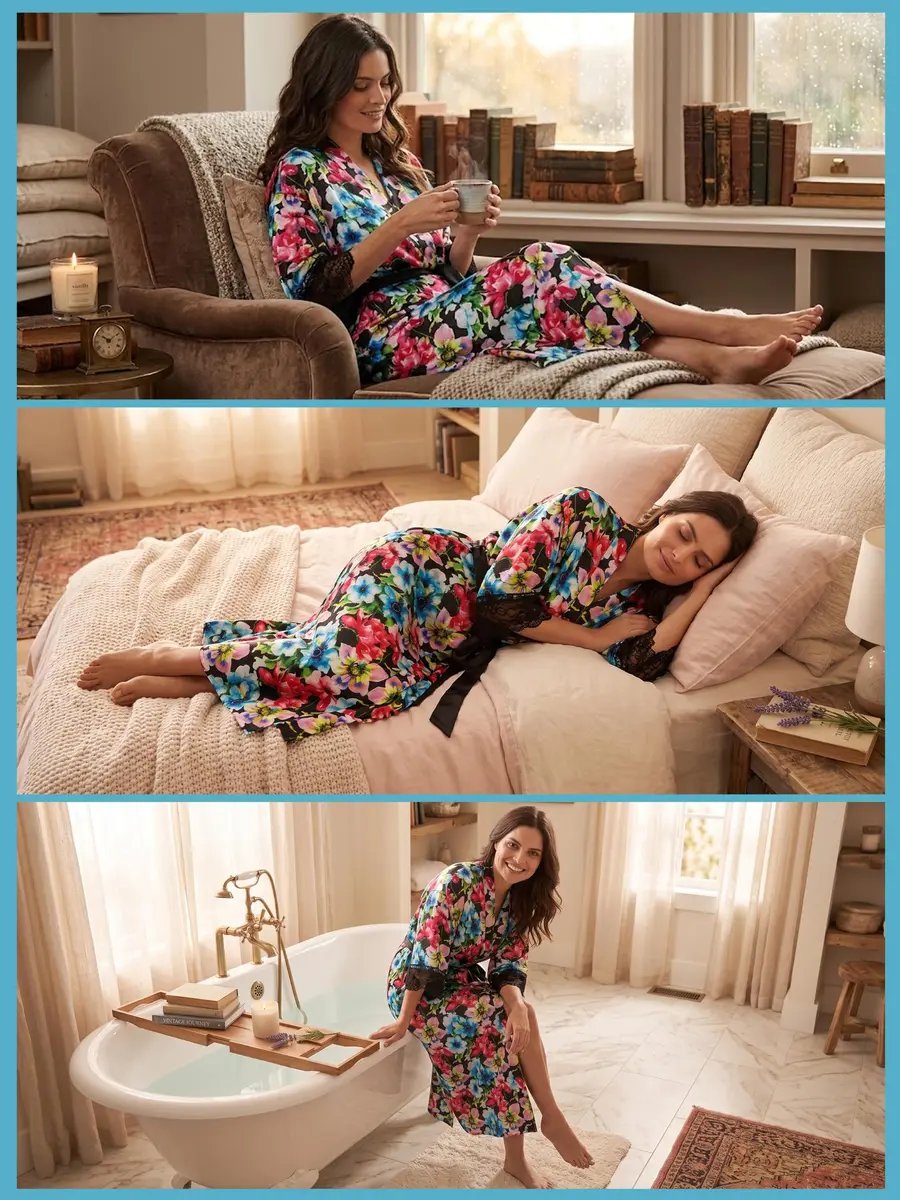Ashford & Brooks Women's Satin Lace Trim Long Kimono Robe - Floral - Small | Flowy, lightweight satin for lounging - view 5