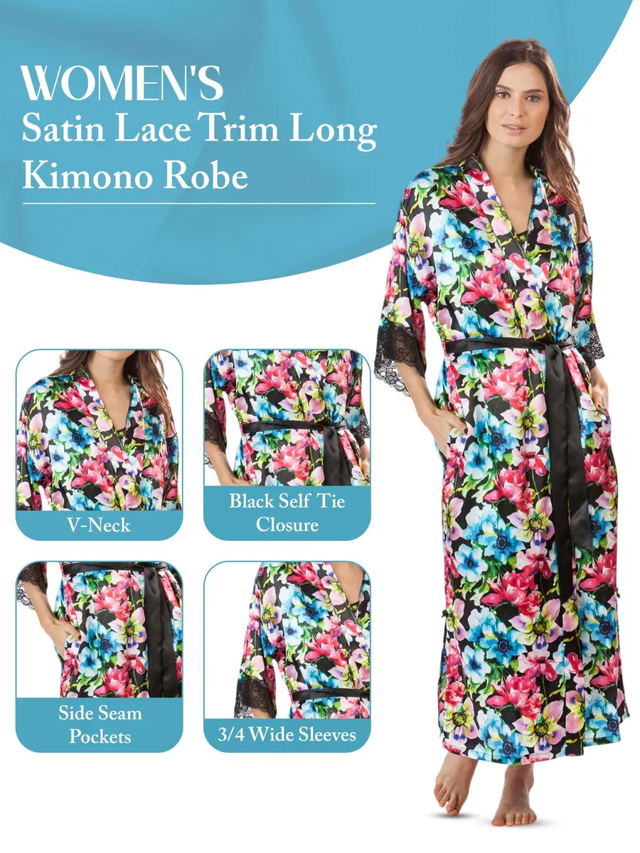 Ashford & Brooks Women's Satin Lace Trim Long Kimono Robe - Floral - Small | Flowy, lightweight satin for lounging - view 2