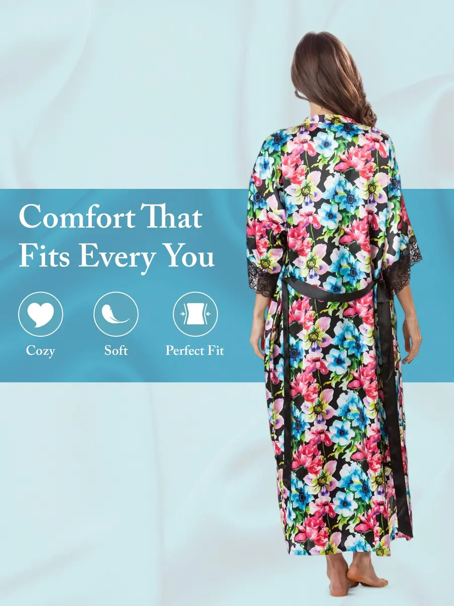 Ashford & Brooks Women's Satin Lace Trim Long Kimono Robe - Floral - Small | Flowy, lightweight satin for lounging - view 3