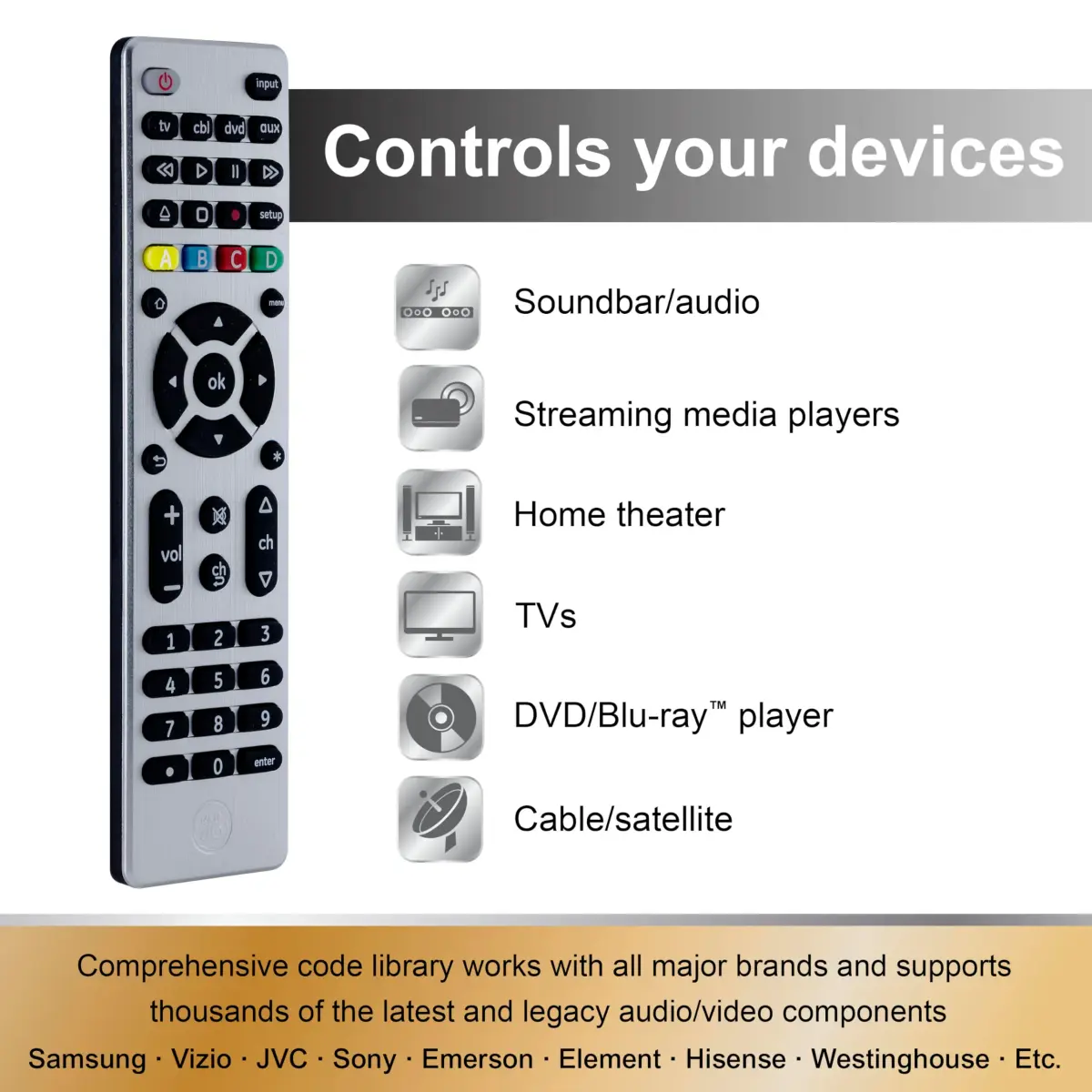 GE Designer Series 4-Device Universal Remote Control with Master Volume | Silver Finish - view 3
