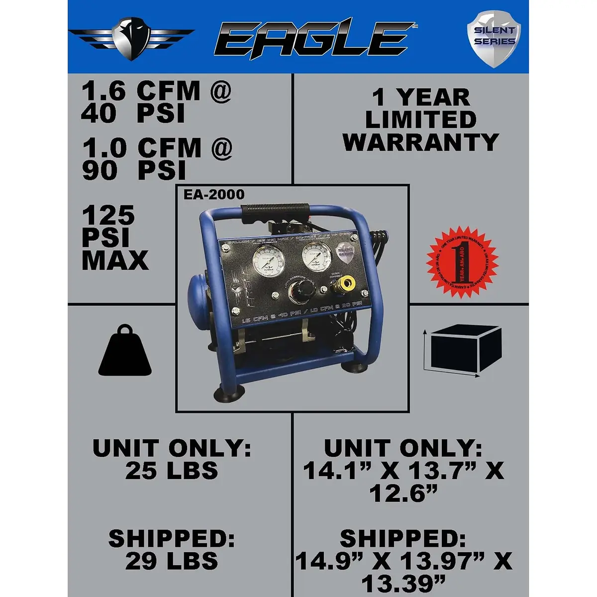Eagle EA-2000 Silent Series 2000 Portable Air Compressor 1 Gallon | 125 PSI, MAX PSI, 115 V, Blue - view 5