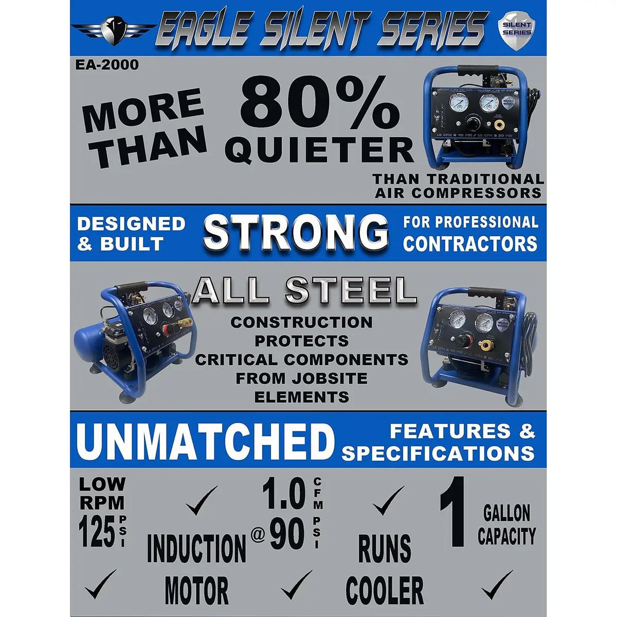Eagle EA-2000 Silent Series 2000 Portable Air Compressor 1 Gallon | 125 PSI, MAX PSI, 115 V, Blue - view 6