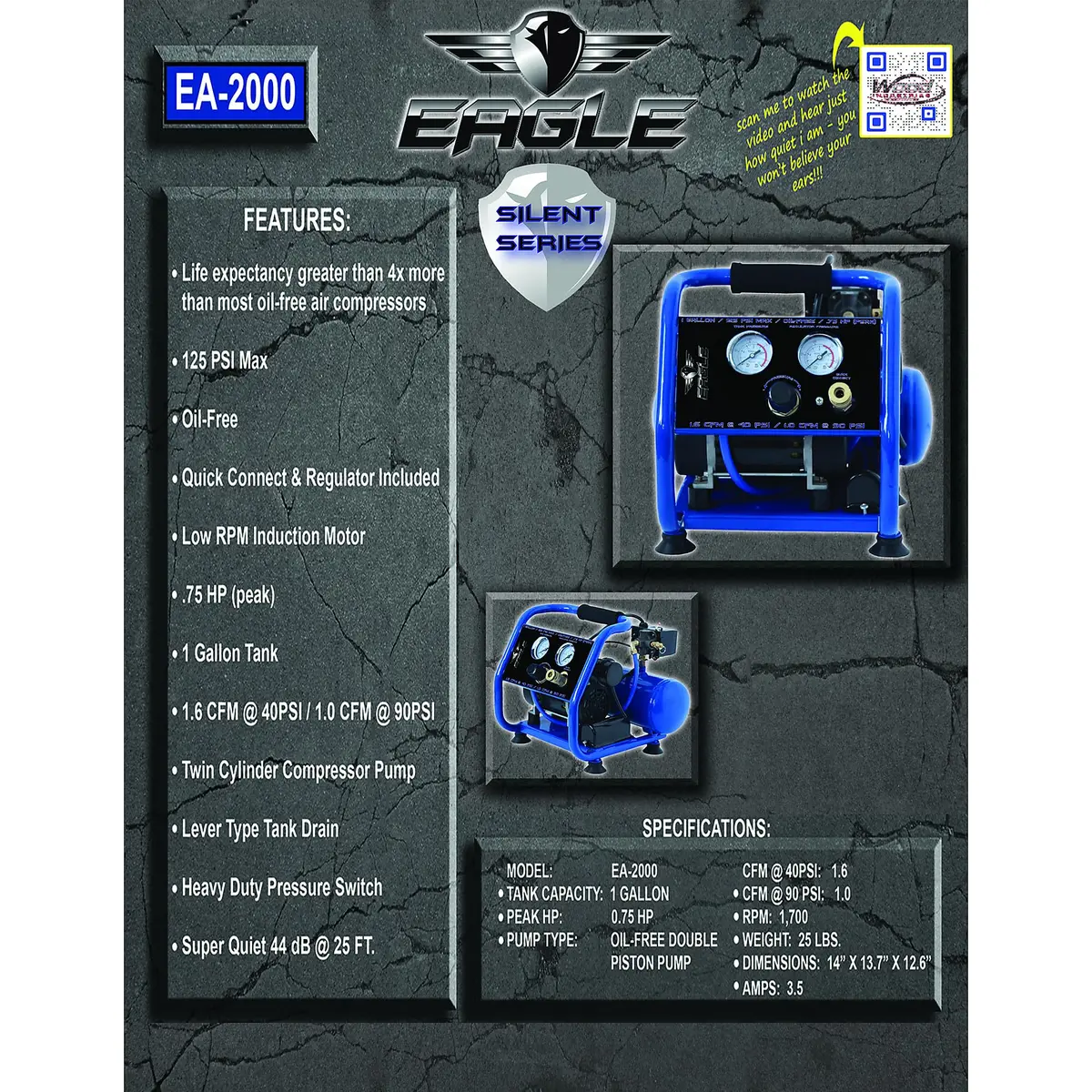 Eagle EA-2000 Silent Series 2000 Portable Air Compressor 1 Gallon | 125 PSI, MAX PSI, 115 V, Blue - view 4