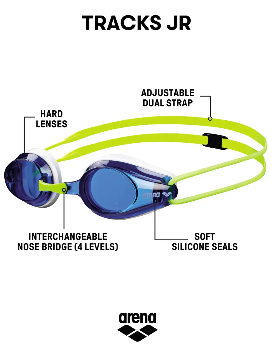 ARENA Tracks Junior Youth Racing Swim Goggles Kids Swimmers Anti-Fog Coated Non-Mirror Lens, Blue/White/Fluo Yellow - view 2