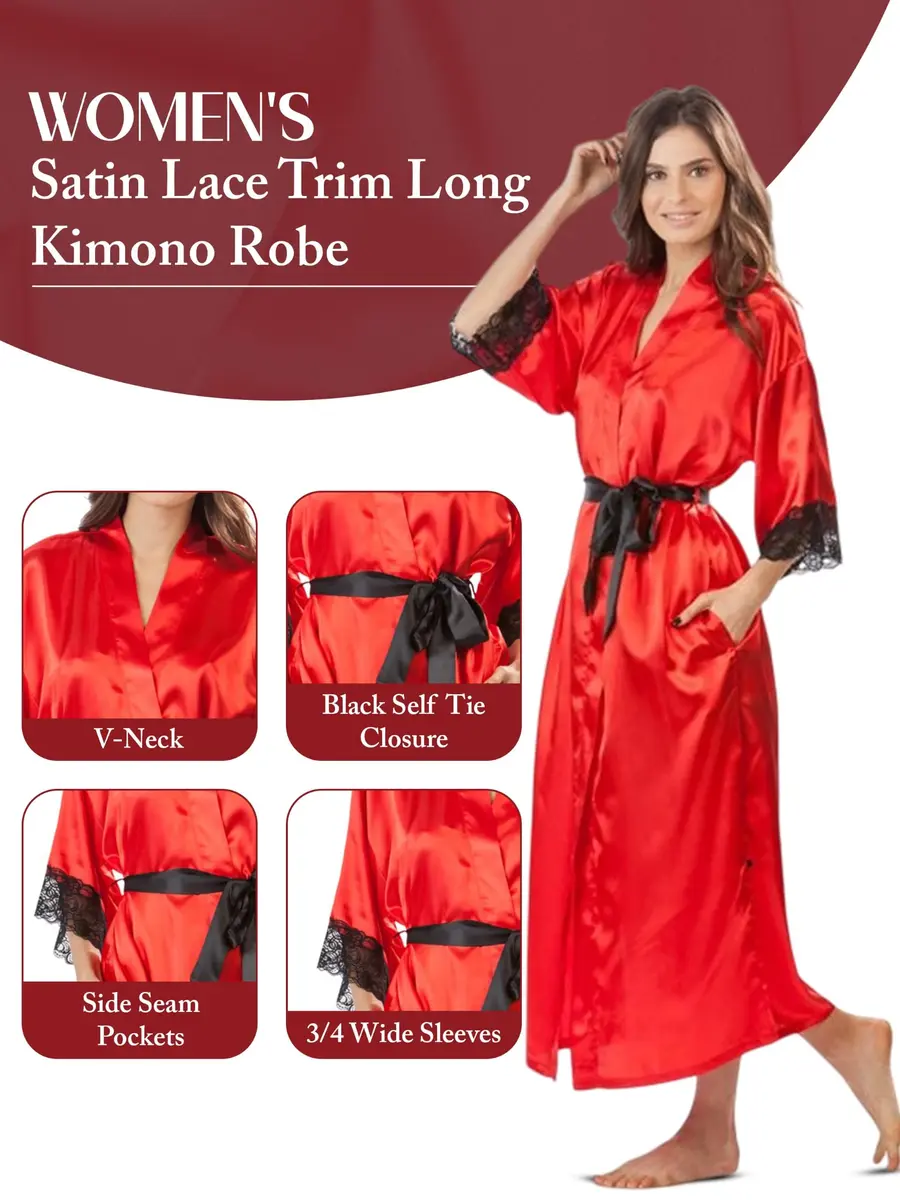Ashford & Brooks Satin Lace Trim Kimono Robe - Red - Small | Lightweight silky poly fabric, perfect for lounging or layering - view 2