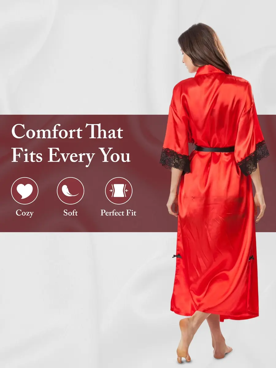 Ashford & Brooks Satin Lace Trim Kimono Robe - Red - Small | Lightweight silky poly fabric, perfect for lounging or layering - view 3