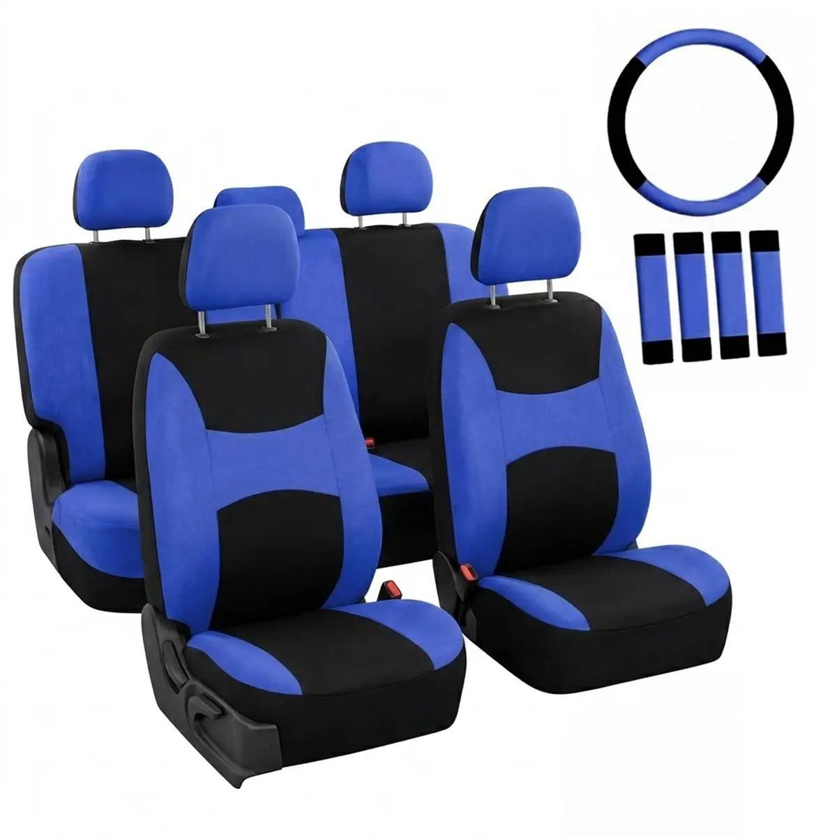 FH Group Full Set Cloth Car Seat Covers , Universal Fit Combo Set with Steering Wheel Cover and Seat Belt Pad for Cars, SUVs and Trucks, Blue - main product image