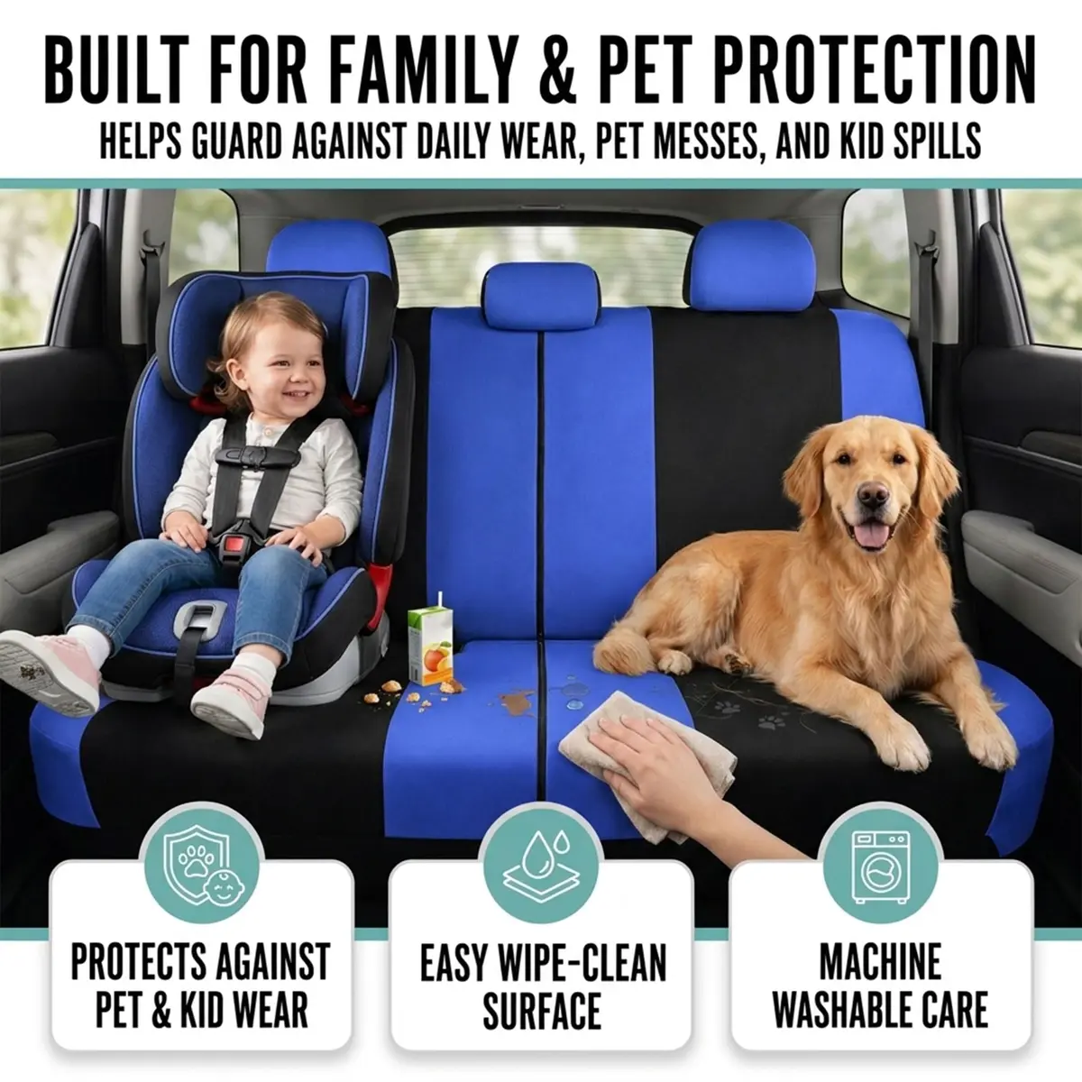 FH Group Full Set Cloth Car Seat Covers , Universal Fit Combo Set with Steering Wheel Cover and Seat Belt Pad for Cars, SUVs and Trucks, Blue - view 5