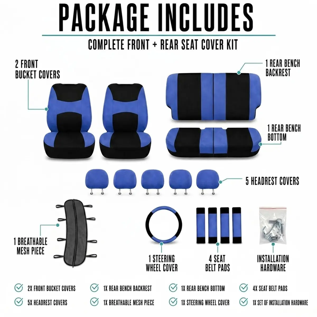 FH Group Full Set Cloth Car Seat Covers , Universal Fit Combo Set with Steering Wheel Cover and Seat Belt Pad for Cars, SUVs and Trucks, Blue - view 7