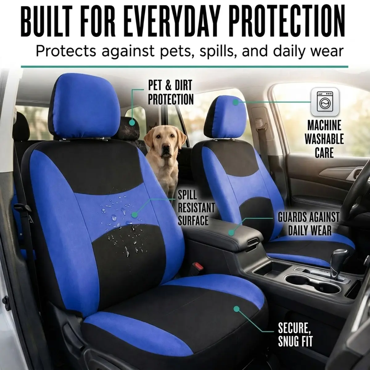 FH Group Full Set Cloth Car Seat Covers , Universal Fit Combo Set with Steering Wheel Cover and Seat Belt Pad for Cars, SUVs and Trucks, Blue - view 8