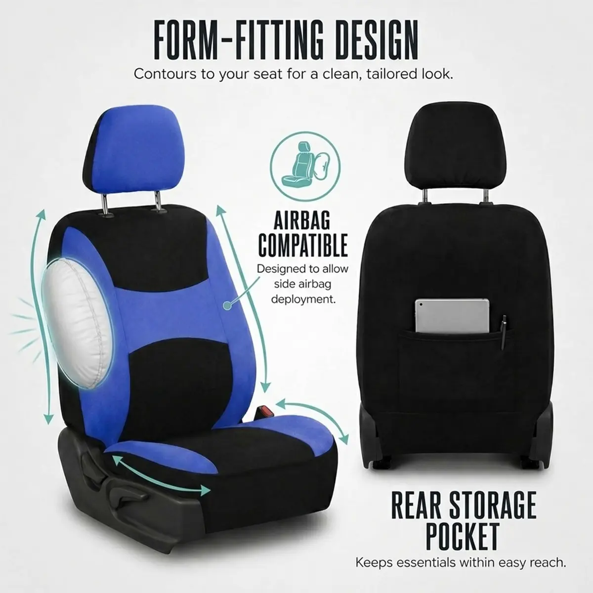 FH Group Full Set Cloth Car Seat Covers , Universal Fit Combo Set with Steering Wheel Cover and Seat Belt Pad for Cars, SUVs and Trucks, Blue - view 4