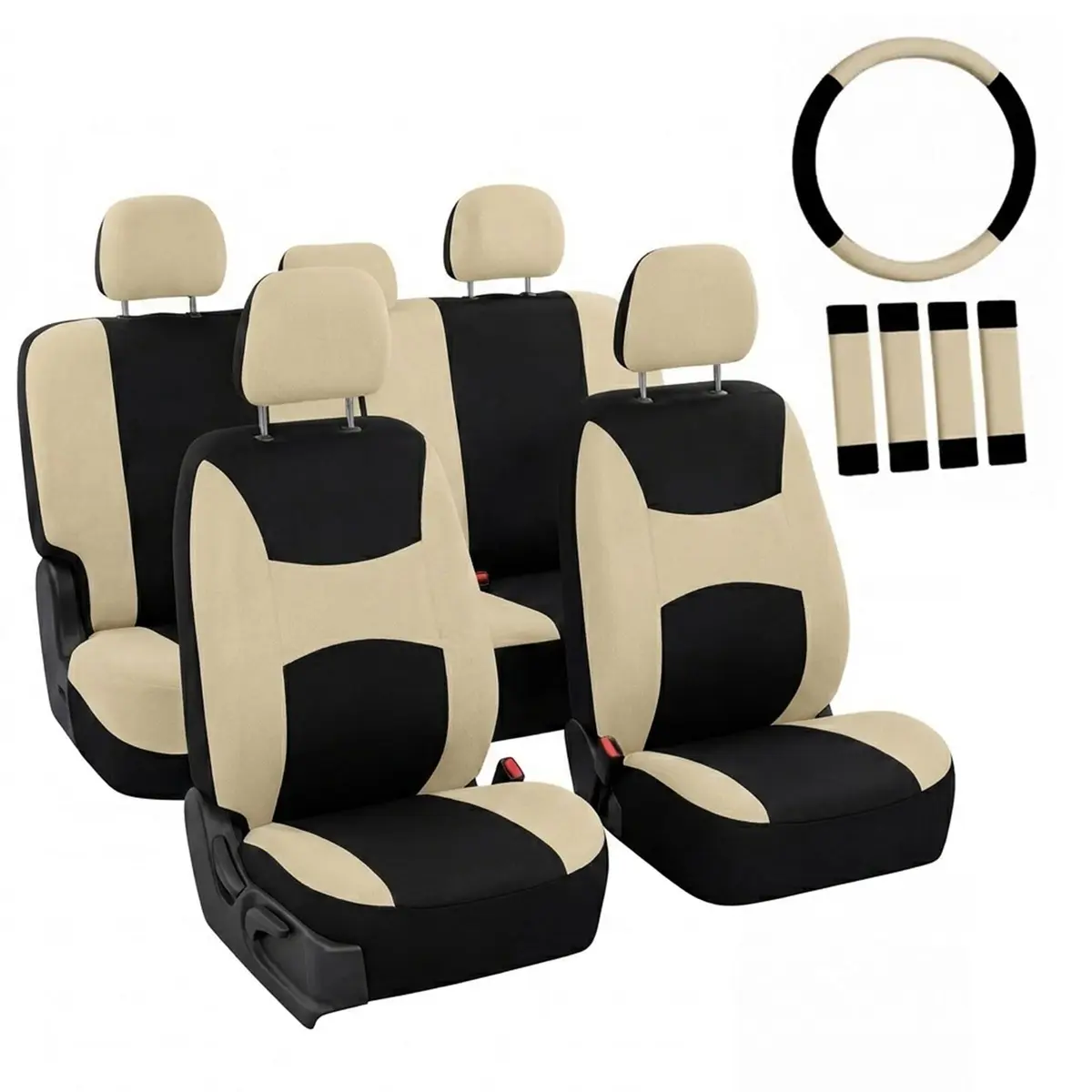 FH Group Automotive Seat Covers Beige Black Universal Fit Seat Cover Combo Set with Steering Wheel Cover and Seat Belt Pad (Airbag Compatible and Split Bench) - main product image