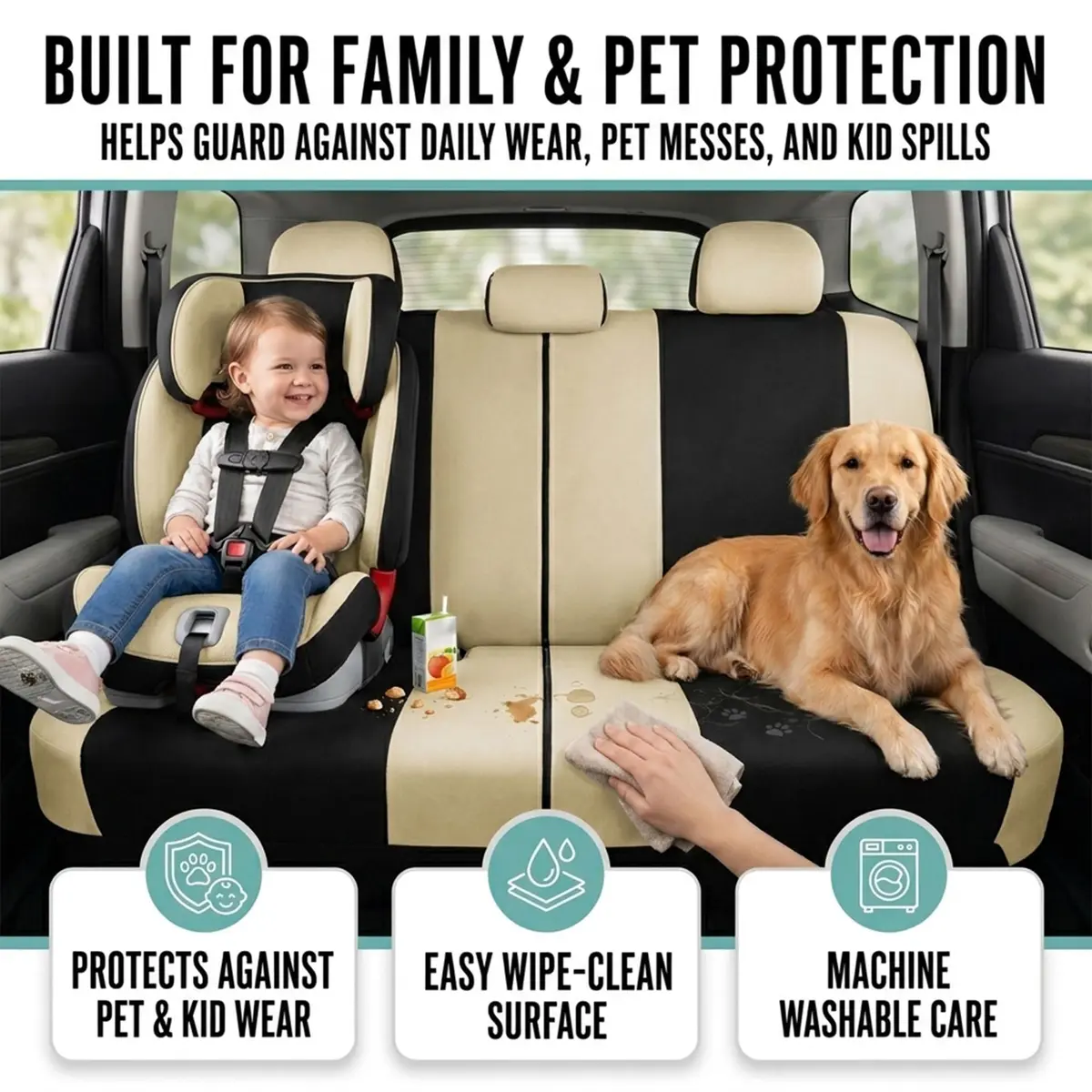 FH Group Automotive Seat Covers Beige Black Universal Fit Seat Cover Combo Set with Steering Wheel Cover and Seat Belt Pad (Airbag Compatible and Split Bench) - view 5