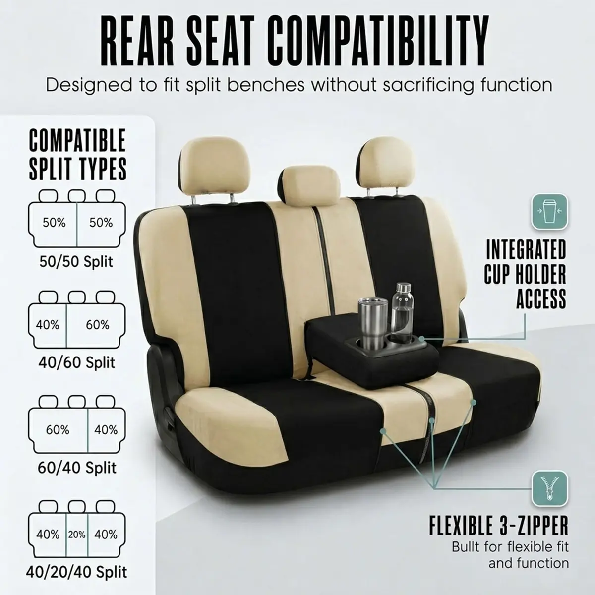 FH Group Automotive Seat Covers Beige Black Universal Fit Seat Cover Combo Set with Steering Wheel Cover and Seat Belt Pad (Airbag Compatible and Split Bench) - view 6